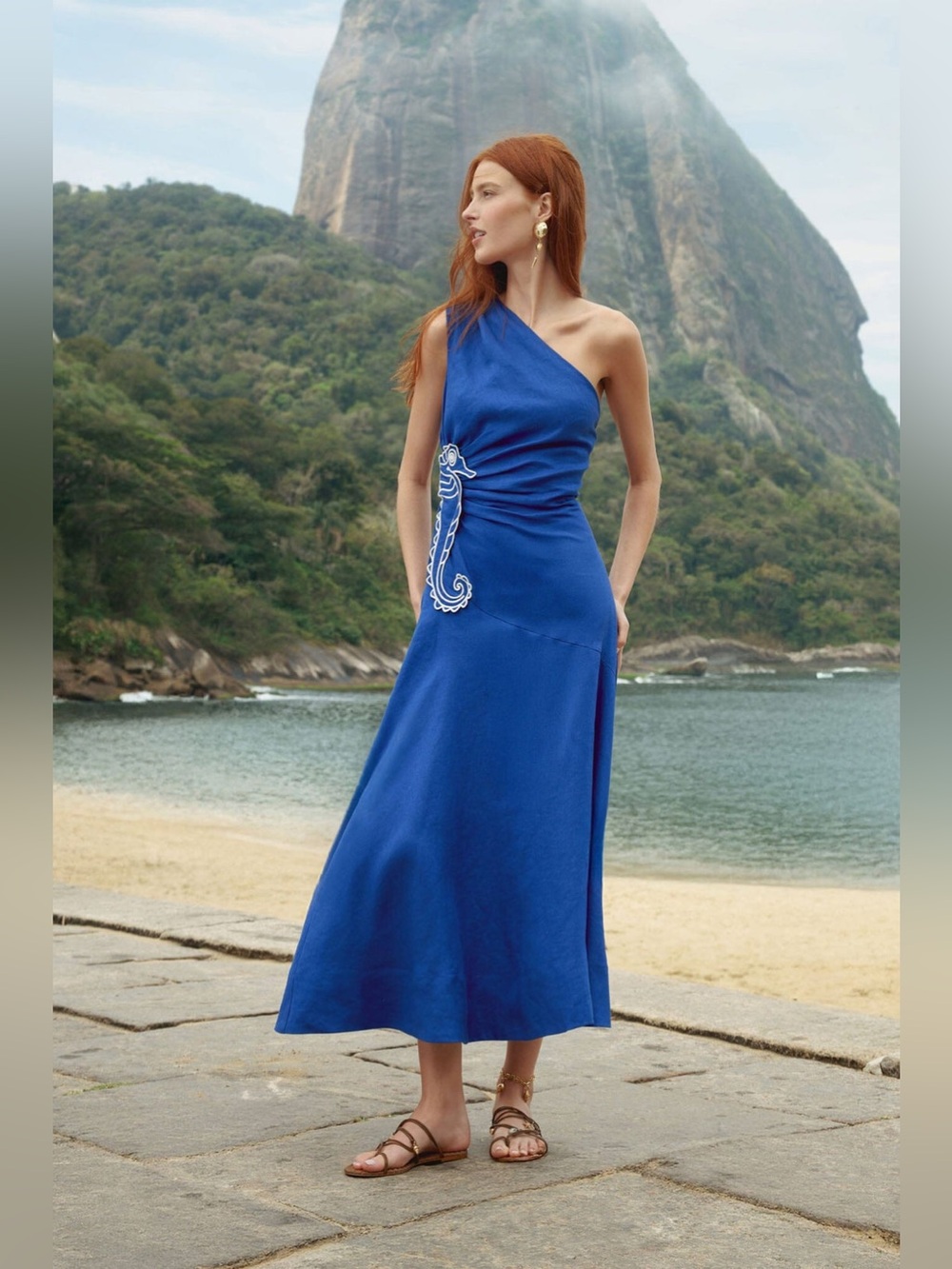 FARM Rio Blue Seahorse Embroidery One-Shoulder Dress – Size M